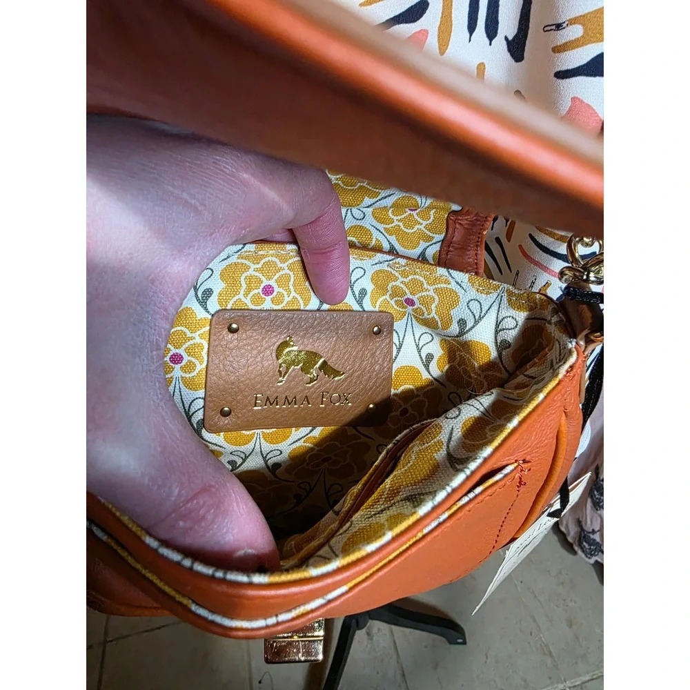 Emma Fox‎ Orange Leather Crossbody Bag Gold Flower Turn Lock Saddle Bag New
